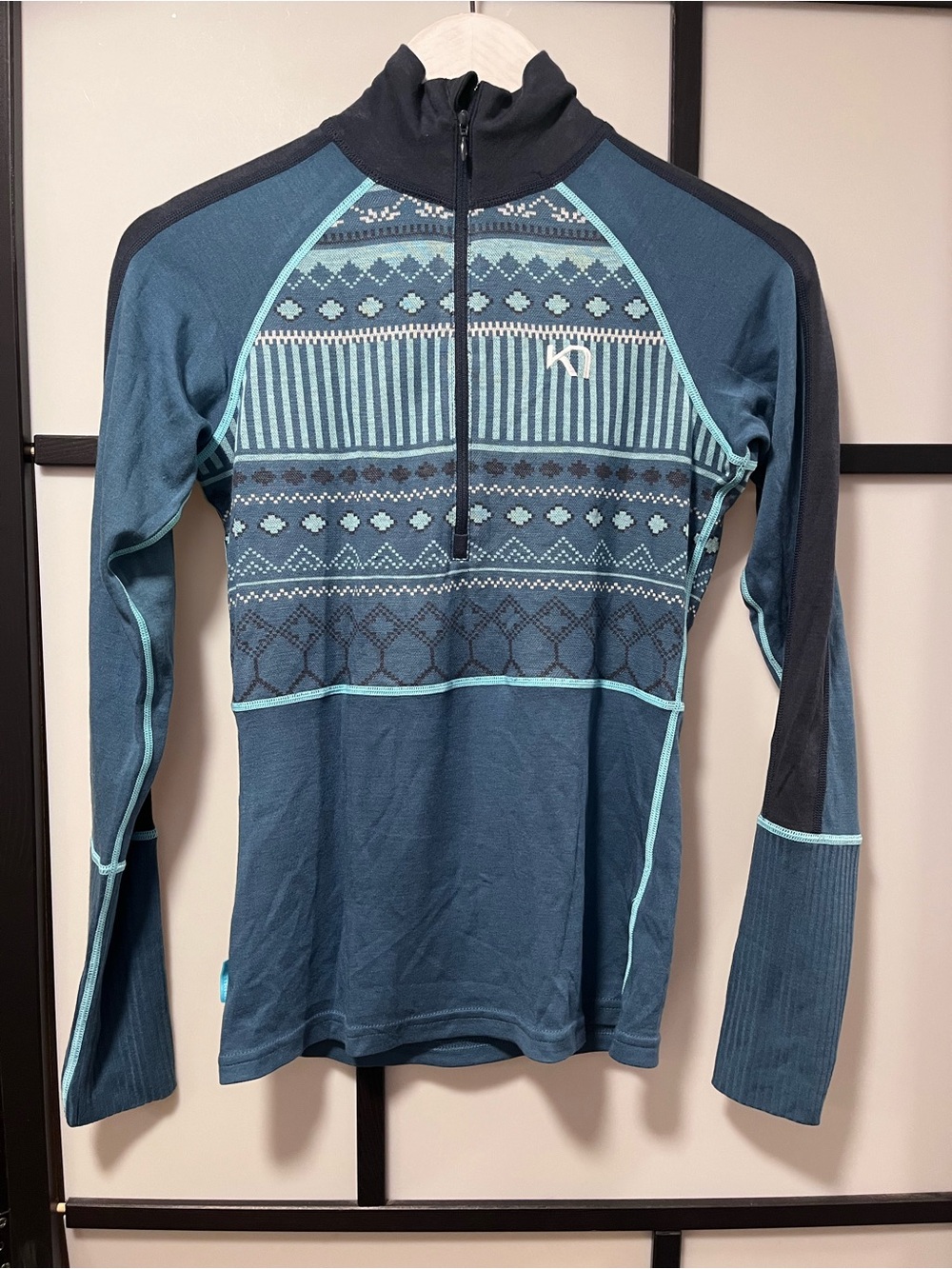 Kari Traa Women's Small Nordic Fair Isle Half Zip Base Layer Top Blue